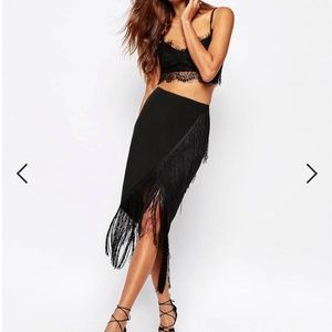 Missguided Black Wrap Fringe Hem Midi Skirt US 8 / UK 12, WORN ONCE